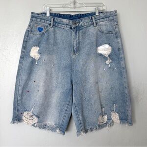 Aelfric Eden Light Blue Denim Rhinestone Application Jorts Size 38